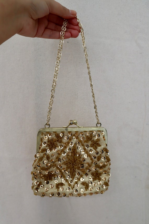 Vintage Gold Sequined Evening Bag with Metal Chai… - image 3