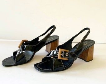 Vintage Prada Black Leather Chunky Heel Sandals