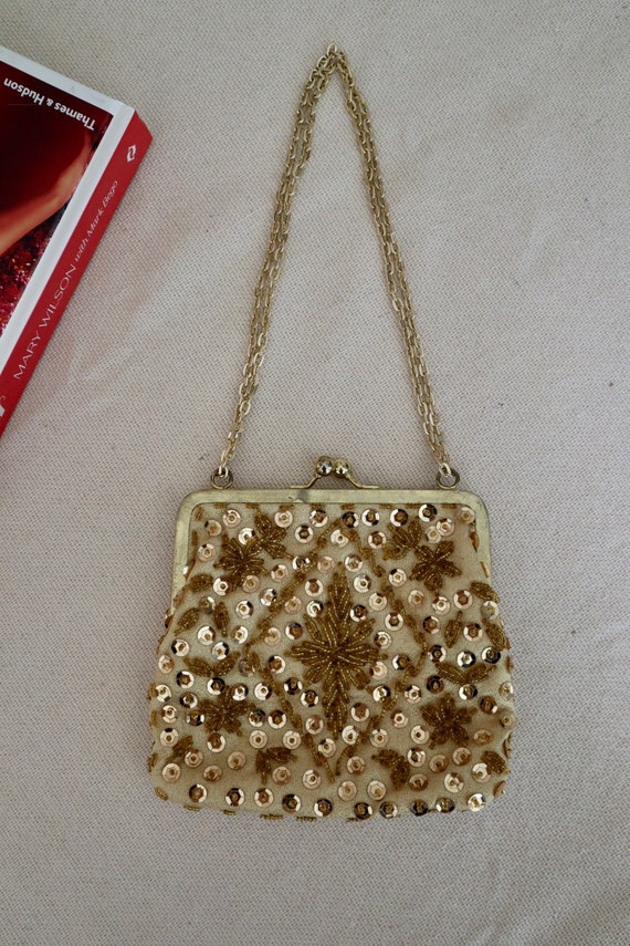 Vintage Gold Sequined Evening Bag with Metal Chai… - image 2