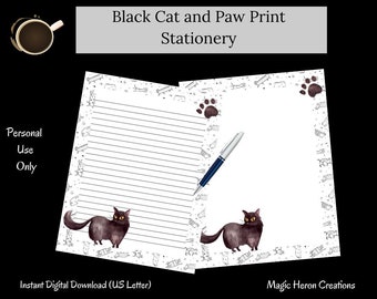 Black Cat and Paw Print Printable Stationery, Pattern Background, Letter Writing Paper, Lined, Unlined, Planner Inserts, Notepaper for Women