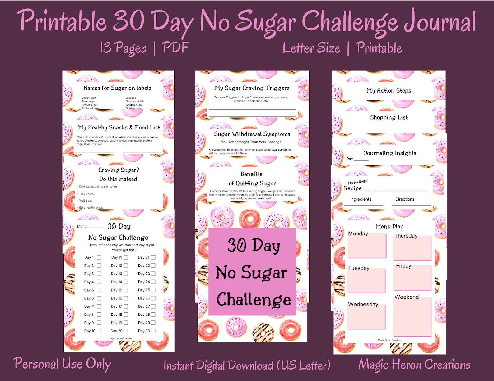 Sugar Detox, 30 Day Challenge Printable, No Sugar Challenge Journal