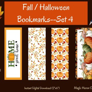 May include: A set of four autumn-themed bookmarks. Designs include pumpkins, leaves, and the text "HOME sweet home." Each bookmark measures approximately 5 cm by 15 cm. The color scheme features orange, green, and brown, ideal for Halloween and autumn.