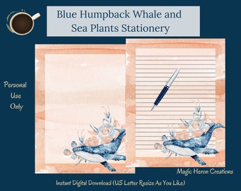 Blue Humpback Whale and Sea Plants -- Watercolor -- Printable Letter Writing Paper -- Stationery