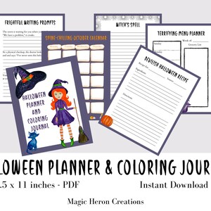 May include: Printable Halloween planner and coloring journal with a witch and black cat illustration. The journal includes a spine-chilling October calendar, frightful writing prompts, a terrifying menu planner, and a devilish Halloween recipe.