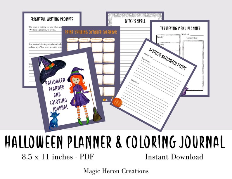 May include: Printable Halloween planner and coloring journal with a witch and black cat illustration. The journal includes a spine-chilling October calendar, frightful writing prompts, a terrifying menu planner, and a devilish Halloween recipe.