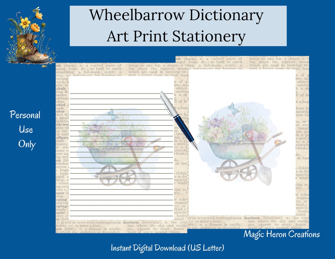 Dictionary Printable, Wheelbarrow Butterfly Floral Stationery, Old Book