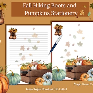 Puede incluir: Papelería imprimible con temática otoñal con botas de senderismo, calabazas y hojas de otoño. El texto "Fall Hiking Boots and Pumpkins Stationery" está en la parte superior de la página. El texto "Personal Use Only" está en la esquina inferior izquierda. El texto "Instant Digital Download (US Letter)" está en la esquina inferior derecha. El texto "Magic Heron Creations" está en la esquina inferior derecha.