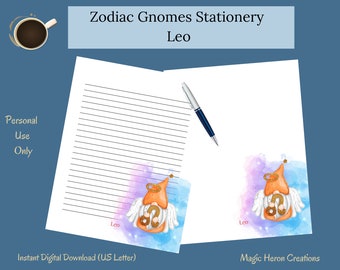 Leo Gnome Printable Stationery Set, Letter Writing Paper, Lined, Unlined, Notepaper for Women, Zodiac Astrological Horoscope Signs