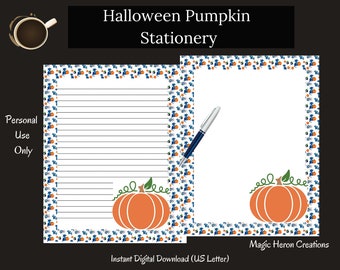 Halloween Pumpkin with Cat and Bat Border Stationery Writing Paper - Printable Stationary Paper Digital Paper Instant Download Letter Size