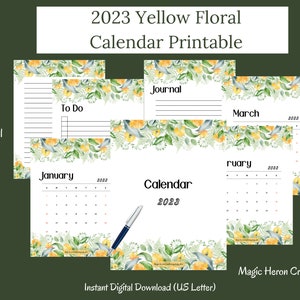 2023 Yellow Floral Calendar Printable, 2023 Desk Calendar Digital, Floral Monthly Calendar 2023, Office Calendar, Instant Download