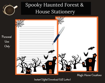 Halloween Spooky Haunted Forest and House Stationery Writing Paper - Printable Stationary Paper Digital Paper Instant Download Letter Size
