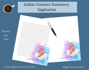 Sagittarius Gnome Printable Stationery Set, Letter Writing Paper, Lined, Unlined, Notepaper for Women, Zodiac Astrological Horoscope Signs