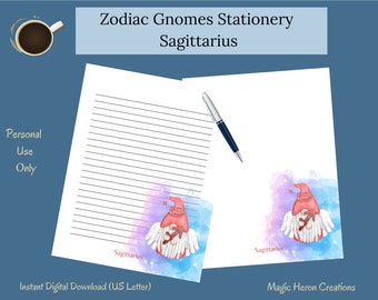 Set di cancelleria stampabile per gnomo del Sagittario, carta da lettera, foderata, sfoderata, carta da lettere per donne, segni zodiacali oroscopo astrologico