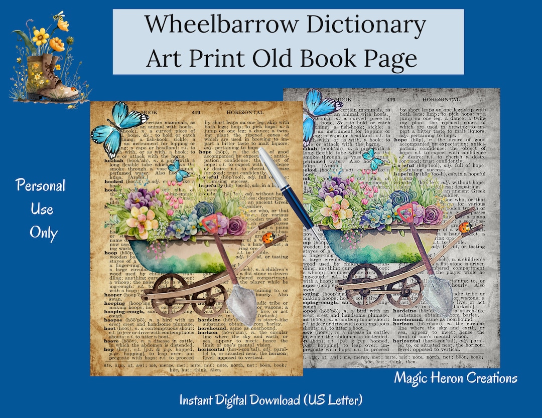 Digital Dictionary Pages, Wheelbarrow Yellow Butterfly Floral, Old