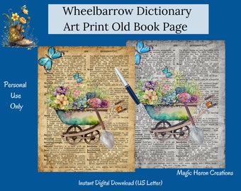 Digital Dictionary Pages, Wheelbarrow Yellow Butterfly Floral, Old Dictionary, Vintage Dictionary Art Print, Printable Junk Journal Ephemera