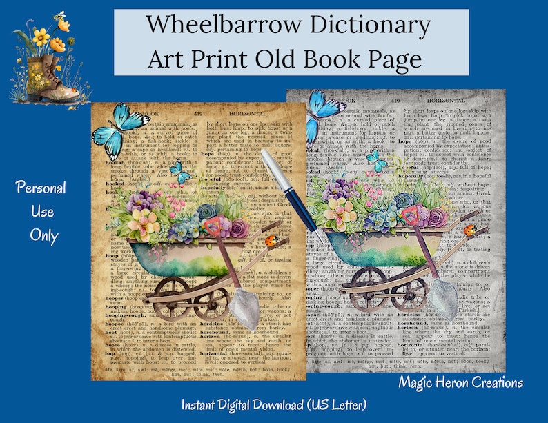 Digital Dictionary Pages, Wheelbarrow Yellow Butterfly Floral, Old