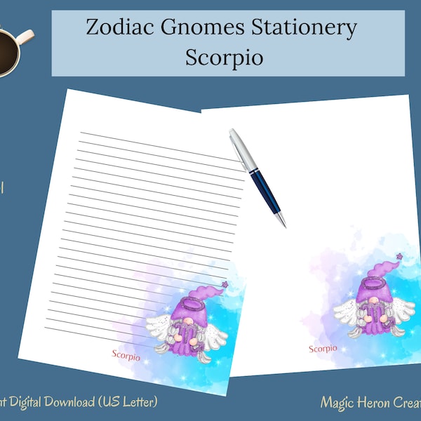 Scorpio Gnome Printable Stationery Set, Letter Writing Paper, Lined, Unlined, Notepaper for Women, Zodiac Astrological Horoscope Signs