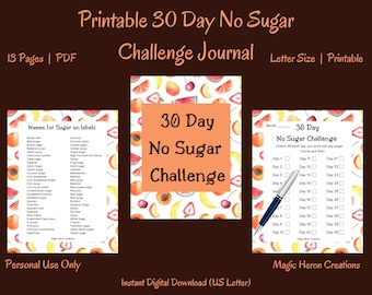 Sugar Detox, 30 Day Challenge Printable, No Sugar Challenge Journal, Checklist Printable, Habit Tracker Digital Journal, Diet Planner Fruit