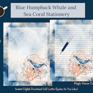 Baleia jubarte azul e coral do mar - aquarela - papel para escrever cartas para impressão - papelaria