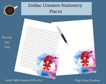 Pisces Gnome Printable Stationery Set, Letter Writing Paper, Lined, Unlined, Notepaper for Women, Zodiac Astrological Horoscope Signs
