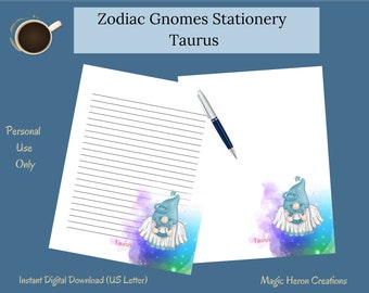 Taurus Gnome Printable Stationery Set, Letter Writing Paper, Lined, Unlined, Notepaper for Women, Zodiac Astrological Horoscope Signs