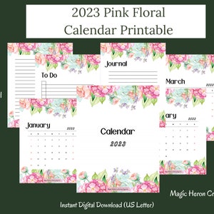 2023 Pink Floral Calendar Printable, 2023 Desk Calendar Digital, Floral Monthly Calendar 2023, Office Calendar, Instant Download