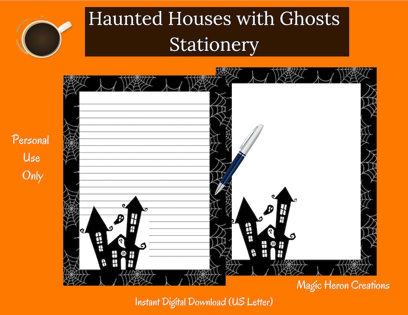 May include: Halloween-themed stationery set featuring lined and blank paper with a black haunted house and ghost design. The border is decorated with spiderwebs. The text reads "Haunted Houses with Ghosts Stationery" and "Personal Use Only".