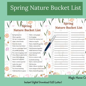 May include: Printable spring nature bucket list with a floral background. The list includes activities like planting a garden, going foraging, and watching the sunrise.
