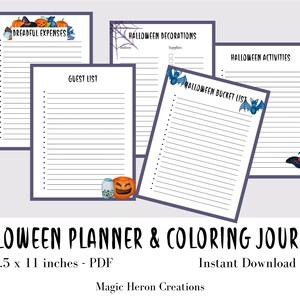 May include: Printable Halloween planner and coloring journal with a black and white striped design. The journal includes sections for guest lists, Halloween decorations, activities, and a bucket list. The pages are decorated with Halloween themed illustrations, including pumpkins, bats, and witches.