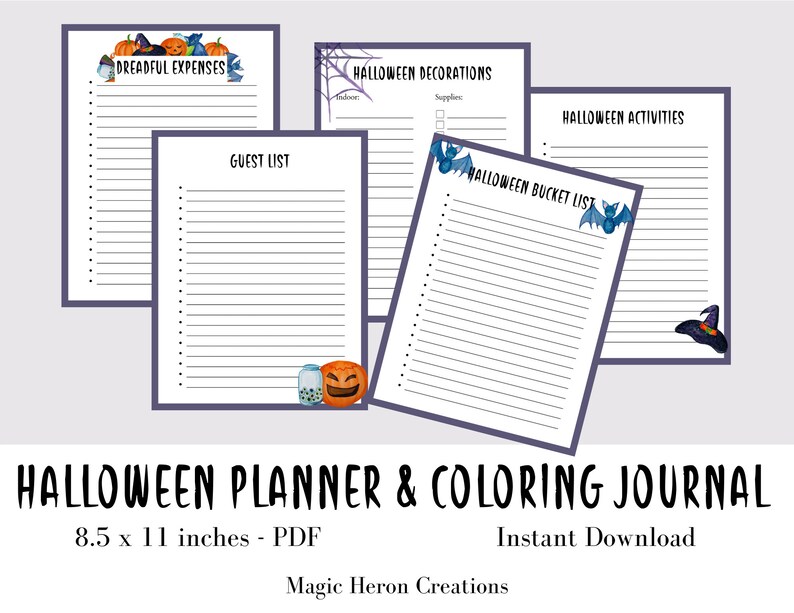May include: Printable Halloween planner and coloring journal with a black and white striped design. The journal includes sections for guest lists, Halloween decorations, activities, and a bucket list. The pages are decorated with Halloween themed illustrations, including pumpkins, bats, and witches.