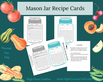 May include: Printable mason jar recipe cards with a blue, gray, and black jar design. The cards have lines for writing the recipe and instructions. The text "Mason Jar Recipe Cards" is at the top of the cards. The text "Instant Digital Download (US Letter)" is at the bottom of the cards.