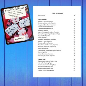 Puede incluir: Una tableta digital que muestra la portada de un libro de cocina titulado Homemade Popsicle Recipes de Shanna Lea, con paletas de frutas en un plato rojo, junto a una p&aacute;gina blanca que muestra una tabla de contenido con varias recetas.