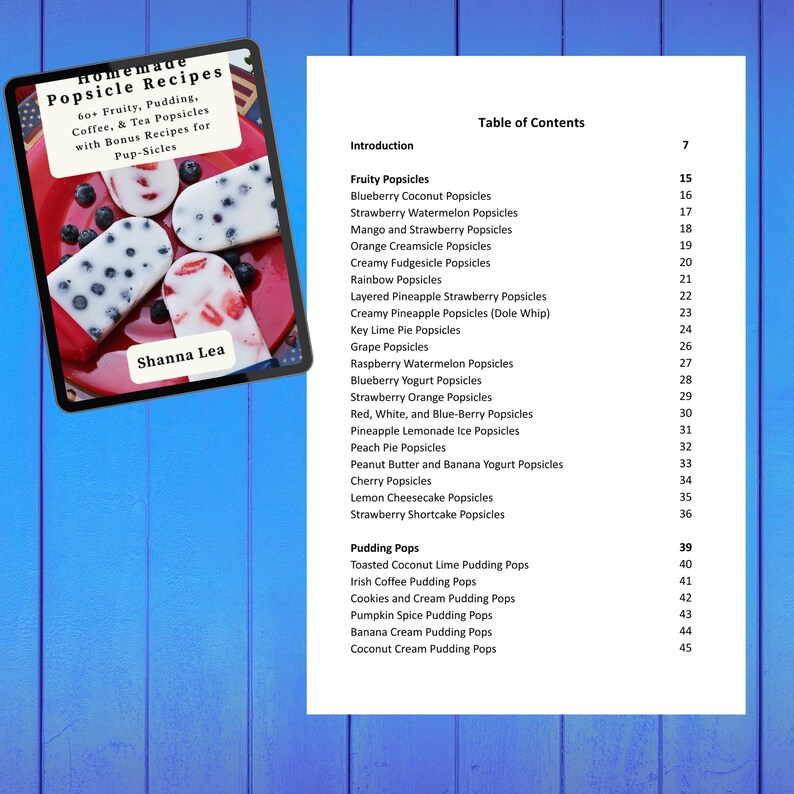 Puede incluir: Una tableta digital que muestra la portada de un libro de cocina titulado Homemade Popsicle Recipes de Shanna Lea, con paletas de frutas en un plato rojo, junto a una p&aacute;gina blanca que muestra una tabla de contenido con varias recetas.