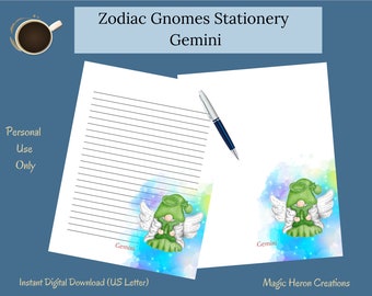 Gemini Gnome Printable Stationery Set, Letter Writing Paper, Lined, Unlined, Notepaper for Women, Zodiac Astrological Horoscope Signs