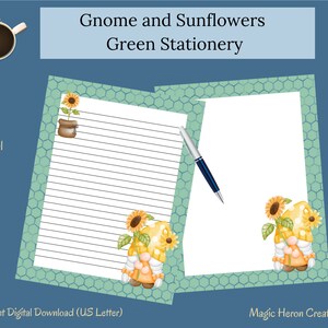 May include: Printable stationery featuring a gnome holding sunflowers with a green honeycomb pattern border. The text "Gnome and Sunflowers Green Stationery" is at the top of the page. The text "Instant Digital Download (US Letter)" is at the bottom of the page.