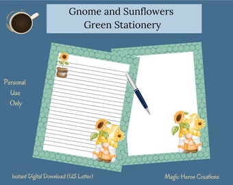 Gnome and Sunflowers on Honeycomb Printable Stationery, Green, Letter Writing Paper, Lined, Unlined, Planner Inserts, Notepaper for Women