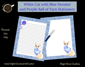 White Cat Blue Sweater Printable Stationery, Pattern Background, Letter Writing Paper, Lined, Unlined, Planner Inserts, Notepaper for Women