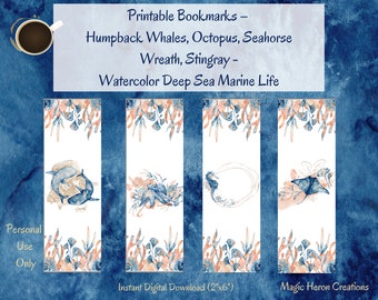 Printable Bookmarks – Humpback Whales, Octopus, Seahorse Wreath, Stingray - Watercolor Deep Sea Marine Life