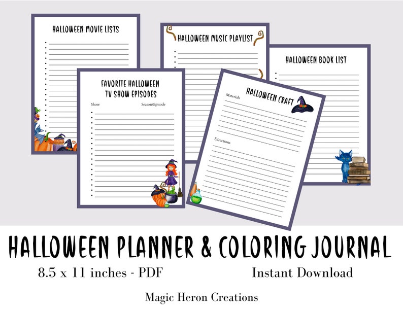 May include: Printable Halloween planner and coloring journal with lists for movies, music, books, and crafts. The journal is 8.5 x 11 inches and includes illustrations of witches, cats, and pumpkins.