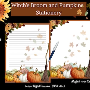 Peut inclure: Papeterie imprimable avec un balai de sorci&egrave;re, des citrouilles et des feuilles d'automne. Le texte "Witch's Broom and Pumpkins Stationery" est en haut de la page. Le texte "Personal Use Only" est en bas &agrave; gauche. Le texte "Instant Digital Download (US Letter)" est en bas de la page. Le texte "Magic Heron Creations" est en bas &agrave; droite.