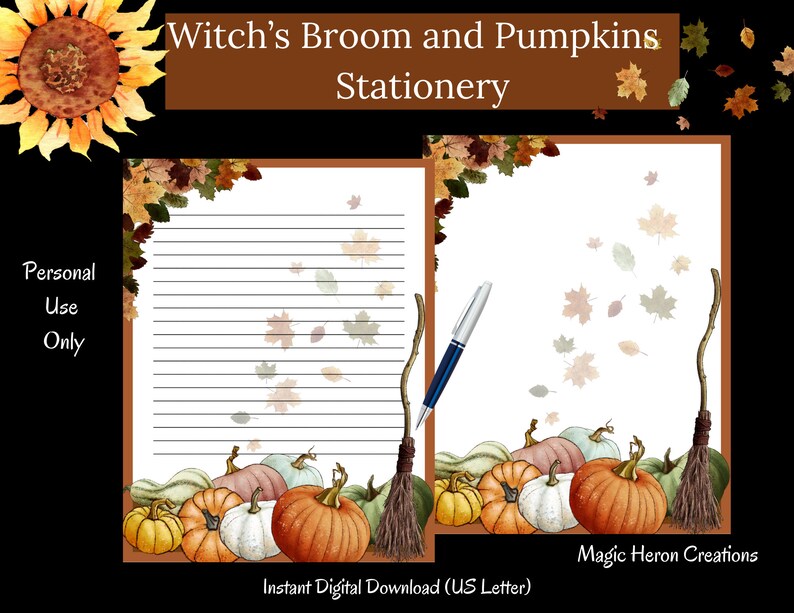 Peut inclure: Papeterie imprimable avec un balai de sorci&egrave;re, des citrouilles et des feuilles d'automne. Le texte "Witch's Broom and Pumpkins Stationery" est en haut de la page. Le texte "Personal Use Only" est en bas &agrave; gauche. Le texte "Instant Digital Download (US Letter)" est en bas de la page. Le texte "Magic Heron Creations" est en bas &agrave; droite.