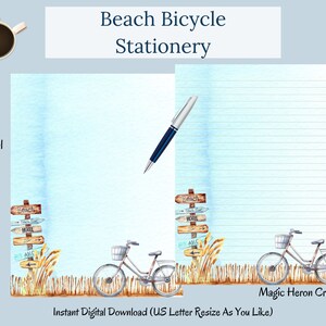 Beach Bicycle Stationery, Watercolor Stationery, Summer Writing Paper, Beach Letter Writing Paper, Beach Scene, Instant Download