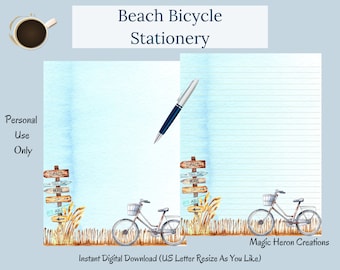 Beach Bicycle Stationery, Watercolor Stationery, Summer Writing Paper, Beach Letter Writing Paper, Beach Scene, Instant Download