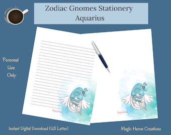Aquarius Gnome Printable Stationery Set, Letter Writing Paper, Lined, Unlined, Notepaper for Women, Zodiac Astrological Horoscope Signs