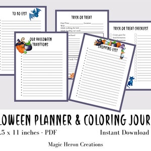 May include: Printable Halloween planner and coloring journal with checklists and to-do lists. The pages feature a black and white striped background with illustrations of bats, pumpkins, witches, and cats. The text on the pages includes "To Do List", "Our Halloween Traditions", "Trick or Treat", "Trick or Treat Checklist", and "Shopping List".