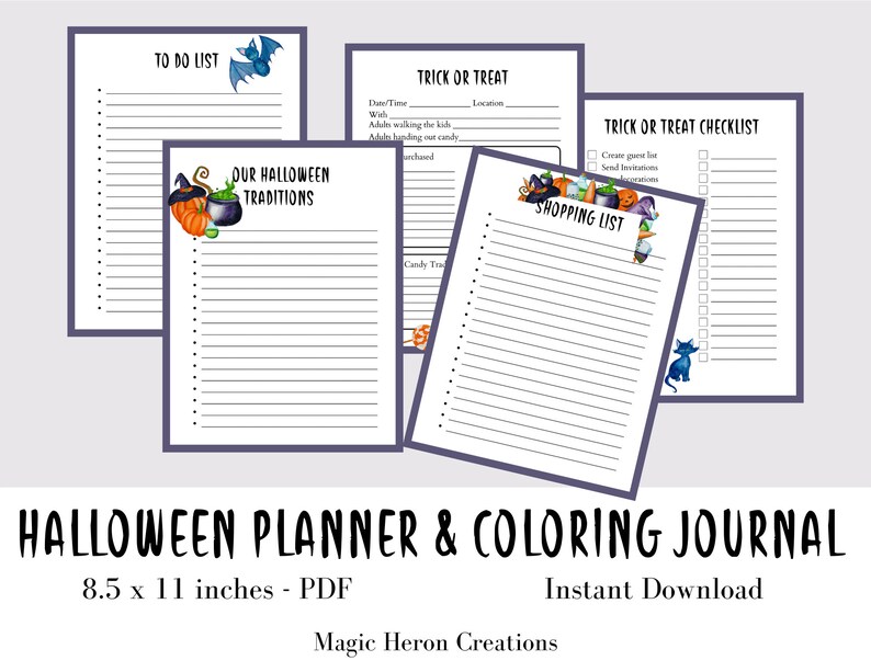 May include: Printable Halloween planner and coloring journal with checklists and to-do lists. The pages feature a black and white striped background with illustrations of bats, pumpkins, witches, and cats. The text on the pages includes "To Do List", "Our Halloween Traditions", "Trick or Treat", "Trick or Treat Checklist", and "Shopping List".