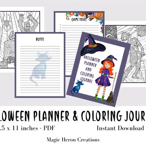 May include: Printable Halloween planner and coloring journal with a witch and cat illustration. The journal is 8.5 x 11 inches and is available for instant download.