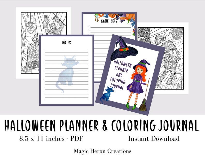 May include: Printable Halloween planner and coloring journal with a witch and cat illustration. The journal is 8.5 x 11 inches and is available for instant download.