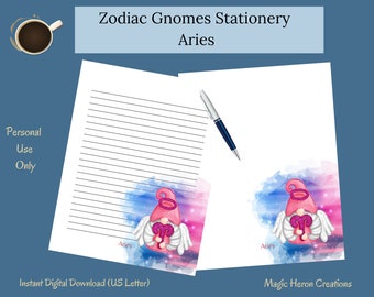 Aries Gnome Printable Stationery Set, Letter Writing Paper, Lined, Unlined, Notepaper for Women, Zodiac Astrological Horoscope Signs