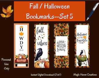 Fall Bookmarks, Fall Bookmarks Set Printable, Autumn Bookmark Set, Autumn Bookish Gifts, Autumn Book, Pumpkin Bookmark, Raven Crow Set 5